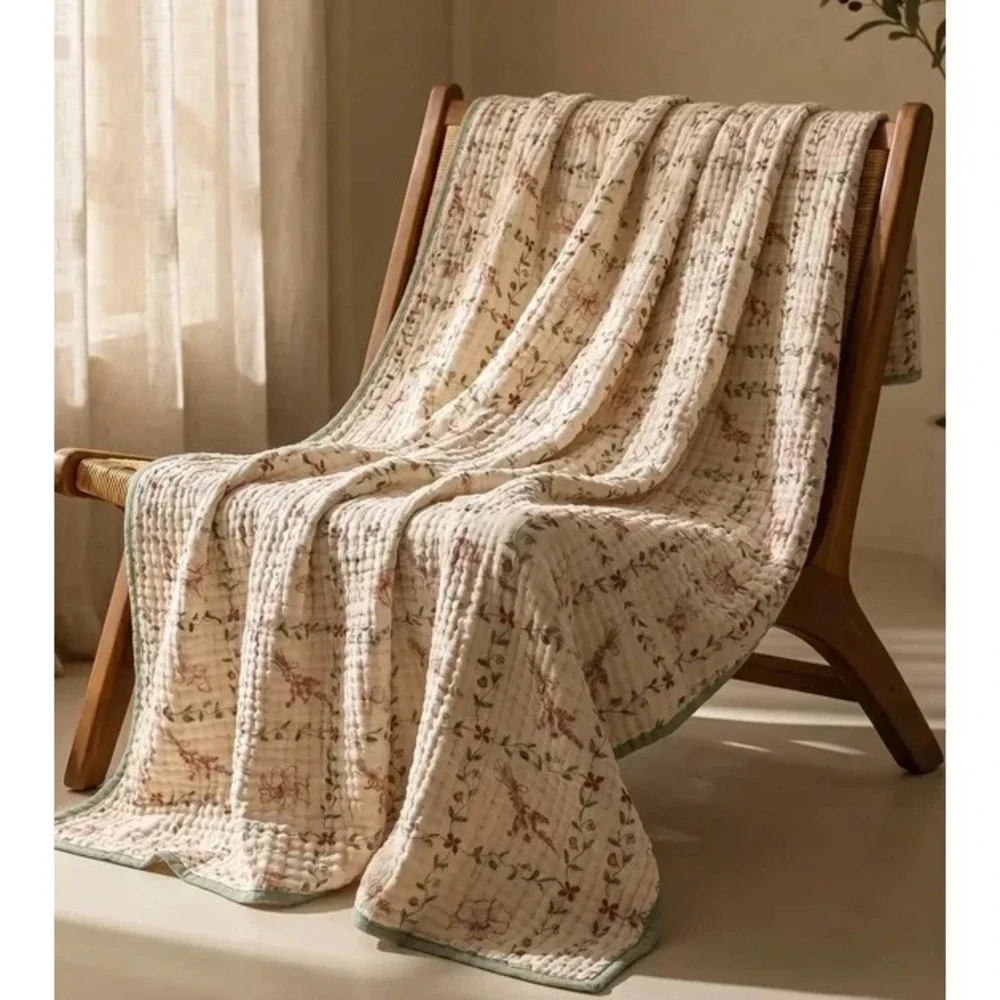 The Fleece Company Muslin Cotton Blanket King Floral Cream Sage Green 200x230
